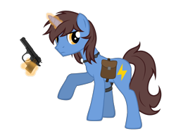 Size: 2869x2215 | Tagged: safe, artist:equestria secret guard, derpibooru import, oc, oc only, oc:frozen flash, oc:冰闪, unicorn, bag, flashlight (object), gun, hoofgun, horn, magic, male, saddle bag, silent congruence town, silent congruence town 2, simple background, telekinesis, transparent background, unicorn oc, weapon