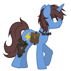 Size: 2032x2020 | Tagged: safe, artist:equestria secret guard, derpibooru import, oc, oc only, oc:frozen flash, oc:冰闪, unicorn, bag, flashlight (object), gun, hoofgun, horn, male, saddle bag, silent congruence town, silent congruence town 2, simple background, transparent background, unicorn oc, weapon