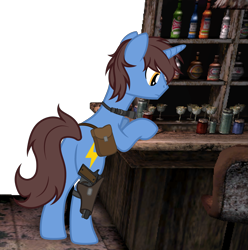 Size: 3743x3770 | Tagged: safe, artist:equestria secret guard, derpibooru import, oc, oc only, oc:frozen flash, oc:冰闪, pony, unicorn, alcohol, bag, bipedal, bipedal leaning, butt, counter, flashlight (object), gun, hoofgun, horn, leaning, male, plot, rear view, saddle bag, silent congruence town, silent congruence town 2, simple background, transparent background, unicorn oc, weapon, wine