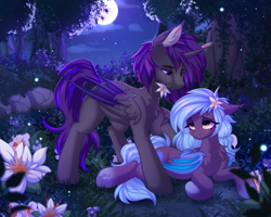 Size: 5000x4000 | Tagged: safe, artist:pesty_skillengton, derpibooru import, oc, bat pony, pony, female, flower, flower in hair, forest, love, male, mare, moon, night, stallion