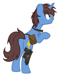 Size: 2861x3507 | Tagged: safe, artist:equestria secret guard, derpibooru import, oc, oc only, oc:frozen flash, oc:冰闪, pony, unicorn, bag, bipedal, bipedal leaning, butt, flashlight (object), gun, hoofgun, horn, leaning, male, plot, rear view, saddle bag, silent congruence town, silent congruence town 2, simple background, transparent background, unicorn oc, weapon