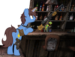 Size: 5133x3900 | Tagged: safe, artist:equestria secret guard, derpibooru import, oc, oc only, oc:frozen flash, oc:冰闪, pony, unicorn, ammunition, bag, bipedal, bipedal leaning, bullet, butt, counter, flashlight (object), gun, hoofgun, horn, leaning, magic, male, plot, rear view, saddle bag, shotgun, shotgun shell, silent congruence town, silent congruence town 2, simple background, telekinesis, transparent background, unicorn oc, weapon