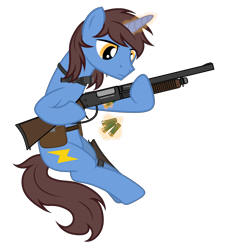 Size: 2953x3264 | Tagged: safe, artist:equestria secret guard, derpibooru import, oc, oc only, oc:frozen flash, oc:冰闪, unicorn, ammunition, bag, flashlight (object), gun, hoof hold, hoofgun, horn, magic, male, reloading, saddle bag, shotgun, shotgun shell, silent congruence town, silent congruence town 2, simple background, sitting, telekinesis, transparent background, unicorn oc, weapon