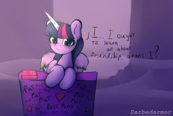 Size: 3072x2048 | Tagged: safe, artist:darbedarmoc, derpibooru import, twilight sparkle, twilight sparkle (alicorn), alicorn, pony, blushing, book, city, cute, engrish, grammar error, looking at you, solo, sunrise, table, talking, talking to viewer, two toned mane