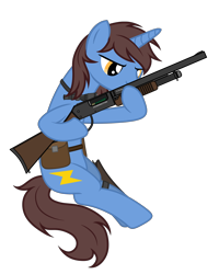 Size: 2718x3392 | Tagged: safe, artist:equestria secret guard, derpibooru import, oc, oc only, oc:frozen flash, oc:冰闪, unicorn, ammunition, bag, flashlight (object), gun, hoof hold, hoofgun, horn, male, reloading, saddle bag, shotgun, shotgun shell, silent congruence town, silent congruence town 2, simple background, sitting, transparent background, unicorn oc, weapon