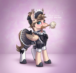 Size: 1200x1144 | Tagged: safe, artist:helmie-art, derpibooru import, oc, oc only, oc:dima, pegasus, pony, bow, choker, clothes, dress, duster, hair bow, maid, maid headdress, mouth hold, shoes, skirt, solo, stockings, thigh highs