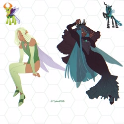 Size: 2048x2048 | Tagged: safe, artist:cryweas, derpibooru import, queen chrysalis, thorax, changedling, changeling, human, alternate hairstyle, boots, bracelet, clothes, corset, crown, dark skin, dress, duo, elf ears, eyeshadow, genderfluid, high heel boots, humanized, jewelry, lipstick, makeup, nail polish, regalia, shoes, simple background, socks, stockings, thigh highs, white background, winged humanization, wings