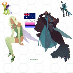 Size: 2048x2048 | Tagged: safe, artist:cryweas, derpibooru import, queen chrysalis, thorax, changedling, changeling, human, alternate hairstyle, australia, australian, boots, bracelet, clothes, corset, crown, dark skin, dress, duo, elf ears, eyeshadow, high heel boots, humanized, jewelry, lipstick, makeup, nail polish, omnisexual, omnisexual pride flag, pride, pride flag, regalia, shoes, simple background, socks, stockings, thigh highs, white background, winged humanization, wings