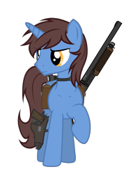 Size: 2840x3716 | Tagged: safe, artist:equestria secret guard, derpibooru import, oc, oc:frozen flash, oc:冰闪, unicorn, bag, flashlight (object), front view, gun, hoofgun, horn, male, saddle bag, shotgun, silent congruence town, silent congruence town 2, simple background, transparent background, unicorn oc, walking, weapon