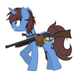 Size: 2214x2120 | Tagged: safe, artist:equestria secret guard, derpibooru import, oc, oc:frozen flash, oc:冰闪, unicorn, bag, flashlight (object), gun, hoofgun, horn, male, saddle bag, shotgun, silent congruence town, silent congruence town 2, simple background, transparent background, unicorn oc, walking, weapon