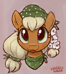 Size: 1956x2191 | Tagged: safe, artist:whiskeypanda, derpibooru import, applejack, earth pony, pony, :p, alternate hairstyle, bandana, blushing, braid, bust, doodle, female, flower, flower in hair, freckles, looking at you, mare, mlem, signature, silly, simple background, smiling, smiling at you, tongue, tongue out