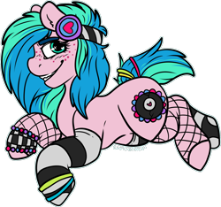 Size: 1736x1627 | Tagged: safe, artist:sexygoatgod, derpibooru import, oc, oc only, oc:groove surfer, earth pony, adoptable, clothes, female, fishnet stockings, glowstick, headphones, mare, mismatched socks, simple background, sock, socks, solo, stockings, thigh highs, transparent background