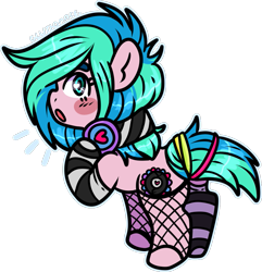 Size: 913x946 | Tagged: safe, artist:sexygoatgod, derpibooru import, oc, oc only, oc:groove surfer, earth pony, adoptable, butt, chibi, clothes, female, fishnet stockings, glowstick, headphones, mare, mismatched socks, plot, rear view, simple background, sock, socks, solo, stockings, striped socks, thigh highs, transparent background