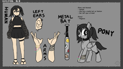 Size: 1920x1080 | Tagged: safe, artist:metaruscarlet, derpibooru import, oc, oc only, oc:kazane, human, pegasus, pony, 8 ball, asian, bandage, baseball bat, belt, bracelet, clothes, collar, ear piercing, earring, feet, female, grin, humanized, humanized oc, jacket, japanese, jewelry, leather, leather jacket, mare, midriff, piercing, reference sheet, sandals, smiling, solo, sports bra, wristband