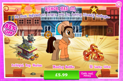 Size: 1956x1301 | Tagged: safe, derpibooru import, idw, blazing saddle, earth pony, pony, advertisement, clothes, costs real money, cowboy hat, english, gameloft, hat, idw showified, male, mobile game, my little pony: magic princess, numbers, official, sale, shirt, solo, solo focus, stallion, statue, text