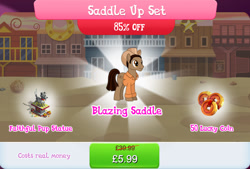Size: 1268x858 | Tagged: safe, derpibooru import, idw, blazing saddle, earth pony, pony, bundle, clothes, costs real money, cowboy hat, english, gameloft, hat, idw showified, male, mobile game, my little pony: magic princess, numbers, official, sale, shirt, solo, solo focus, stallion, statue, text