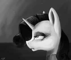 Size: 2662x2252 | Tagged: safe, artist:minckies, derpibooru import, rarity, pony, unicorn, bust, dead, eyes, eyes rolling back, female, grayscale, mare, monochrome, solo, taxidermy