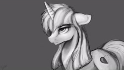 Size: 2920x1658 | Tagged: safe, artist:minckies, derpibooru import, oc, oc only, pony, unicorn, female, gray background, horn, mare, signature, simple background, solo, unamused, unicorn oc