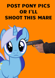 Size: 753x1060 | Tagged: safe, artist:bonemareoh, derpibooru import, minuette, human, pony, unicorn, blackmail, caption, female, gun, hand, image macro, mare, national lampoon, op is a cuck, orange background, simple background, solo, staring at you, text, weapon