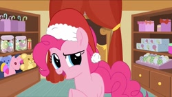 Size: 820x461 | Tagged: source needed, safe, artist:tiarawhy, derpibooru import, pinkie pie, earth pony, pony, christmas, female, hat, holiday, pony waifu sim, santa hat, solo