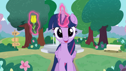 Size: 2557x1431 | Tagged: safe, artist:tiarawhy, derpibooru import, twilight sparkle, twilight sparkle (alicorn), alicorn, pony, bench, female, flower, fountain, glowing, glowing horn, horn, looking at you, magic, park, pony waifu sim, scenery, solo, telekinesis, tree, tulip