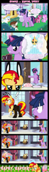 Size: 1280x4420 | Tagged: safe, artist:bigsnusnu, derpibooru import, dusk shine, pipsqueak, sunset shimmer, twilight sparkle, comic:dusk shine in pursuit of happiness, animal costume, bowtie, bunny costume, bunny ears, bunny suit, camera, canterlot castle, clothes, comic, costume, easter, easter bunny, easter egg, embarrassed, happy easter, high heels, holiday, red face, rule 63, shoes, stockings, thigh highs