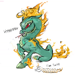 Size: 1395x1389 | Tagged: safe, artist:beherelongtime, derpibooru import, tianhuo, dragon, hybrid, longma, them's fightin' herds, community related, eyelashes, female, hissing, mane of fire, red eyes, tail, tail of fire, tongue, tongue out