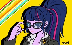 Size: 1183x743 | Tagged: safe, artist:banquo0, derpibooru import, sci-twi, twilight sparkle, equestria girls, bust, clothes, crossover, female, glasses, looking at you, persona, persona 4, ponytail, school uniform, smiling, solo, yu narukami