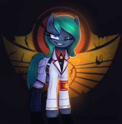 Size: 2800x2840 | Tagged: safe, artist:opal_radiance, derpibooru import, oc, oc only, oc:colour field, earth pony, pony, clothes, earth pony oc, eaw, equstria at war mod, eye scar, facial scar, grin, high res, looking at you, one eye closed, pax solaris, scar, smiling, smiling at you, solar, solarism, solarist, solo, uniform, wink, winking at you