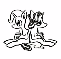 Size: 2907x2803 | Tagged: safe, artist:horsewizardart, derpibooru import, starlight glimmer, trixie, pony, unicorn, back to back, black and white, coffee cup, cup, duo, female, grayscale, mare, monochrome, simple background, sitting, white background