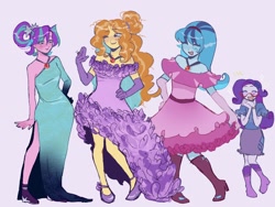 Size: 2000x1500 | Tagged: safe, artist:dulcesilly, derpibooru import, adagio dazzle, aria blaze, rarity, sonata dusk, human, equestria girls, alternate hairstyle, clothes, commission, dress, evening gloves, eye clipping through hair, eyes closed, female, gloves, long gloves, off shoulder, open mouth, open smile, purple background, simple background, smiling, the dazzlings