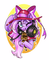 Size: 2353x2868 | Tagged: safe, artist:opalacorn, derpibooru import, oc, oc only, oc:lillybit, earth pony, pony, commission, female, food, hat, headphones, hoof hold, ice cream, ice cream cone, licking, looking at you, mare, one eye closed, simple background, solo, tongue, tongue out, white background, wink, winking at you