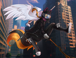 Size: 2200x1683 | Tagged: safe, alternate version, artist:serodart, derpibooru import, oc, anthro, pegasus, anthro oc, catsuit, city, clothes, converse, femboy, hamlet, helmet, jacket, latex, latex suit, male, marvel, motorcycle helmet, new york city, pegasus oc, pigtails, shoes, sneakers, solo, spider-man, stick, weapon, wings