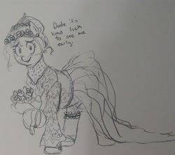 Size: 2228x1982 | Tagged: safe, artist:pony quarantine, derpibooru import, oc, oc only, oc:anon-mare, earth pony, pony, bouquet, clothes, dialogue, dress, female, flower, grayscale, looking at you, mare, monochrome, pencil drawing, smiling, smiling at you, solo, talking to viewer, traditional art, veil, wedding dress