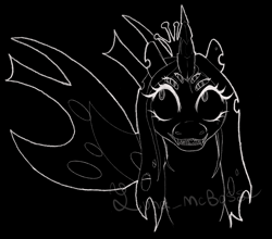 Size: 2349x2068 | Tagged: source needed, safe, artist:luna_mcboss, derpibooru import, queen chrysalis, changeling, changeling queen, black and white, black background, bust, crooked horn, crown, grayscale, horn, insect wings, insectoid, jewelry, monochrome, multiple eyes, outline, regalia, sharp teeth, simple background, teeth, toothy grin, white outline, wings