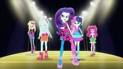 Size: 739x415 | Tagged: safe, artist:u66589, derpibooru import, screencap, bon bon, cheerilee, derpy hooves, lyra heartstrings, rarity, sweetie drops, human, equestria girls, life is a runway, rainbow rocks, 4+, deviantart, for kids only, generosity, lights, music video, profile, simple background