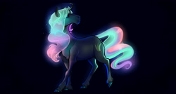 Size: 4300x2300 | Tagged: safe, artist:whitearbalest, derpibooru import, oc, oc:murava, pony, unicorn, dark background, glowing mane, simple background, solo