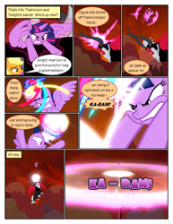 Size: 612x792 | Tagged: safe, derpibooru import, edit, edited screencap, screencap, applejack, lord tirek, twilight sparkle, twilight sparkle (alicorn), alicorn, centaur, pony, taur, comic:friendship is dragons, twilight's kingdom, angry, blast, comic, dialogue, female, flying, glowing, glowing horn, gritted teeth, horn, magic, magic blast, mare, onomatopoeia, outdoors, screencap comic, teeth