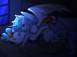 Size: 1614x1200 | Tagged: safe, derpibooru import, princess celestia, oc, oc:myrilith, alicorn, draconequus, bed, clothes, jewelry, loincloth, night, regalia, tribal, underwear, window