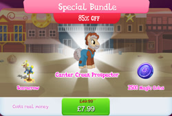Size: 1268x858 | Tagged: safe, derpibooru import, idw, earth pony, pony, beard, bundle, clothes, costs real money, english, facial hair, gameloft, hat, idw showified, magic coins, male, mobile game, my little pony: magic princess, numbers, official, overalls, sale, scarecrow, solo, solo focus, stallion, text, unnamed character, unnamed pony
