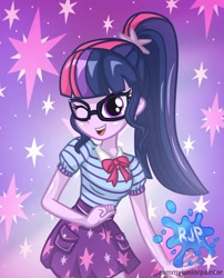 Size: 1080x1335 | Tagged: safe, artist:rjp.rammy, derpibooru import, sci-twi, twilight sparkle, human, better together, equestria girls, bowtie, breasts, cute, cutie mark, female, glasses, looking at you, one eye closed, open mouth, open smile, ponytail, signature, smiling, smiling at you, solo, twiabetes, wink, winking at you