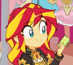 Size: 576x512 | Tagged: safe, artist:luckreza8, derpibooru import, edit, edited screencap, machine learning generated, screencap, sunset shimmer, human, better together, equestria girls, sunset's backstage pass!, anime, card, female, happy, pinegraph