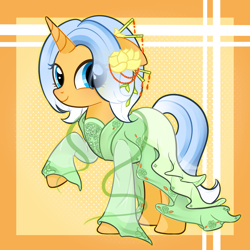 Size: 2048x2048 | Tagged: safe, artist:miwq, derpibooru import, oc, oc only, oc:aurore soleilevant, pony, unicorn, clothes, hanfu, looking at you, orange coat, robe, smiling, solo