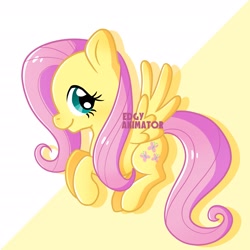 Size: 2700x2700 | Tagged: safe, artist:edgyanimator, derpibooru exclusive, derpibooru import, fluttershy, pegasus, pony, big eyes, cel shading, chibi, closed mouth, colored, colored lineart, cute, cute pony, digital art, drop shadow, eyelashes, female, firealpaca, full body, lineart, long hair, long mane, long tail, looking sideways, looking to side, looking to the right, mare, pink hair, pink mane, pink tail, quadrupedal, raised hooves, shading, shyabetes, signature, simple background, simple shading, smiling, solo, spread wings, tail, turquoise eyes, wings, yellow background, yellow coat, yellow fur, yellow wings