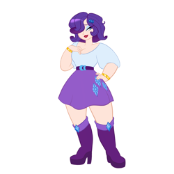 Size: 3300x3300 | Tagged: safe, artist:starsbursts, derpibooru import, rarity, human, equestria girls, alternate hairstyle, bedroom eyes, belt, boots, bracelet, clothes, cute, eyeshadow, female, grin, hair over one eye, high heel boots, humanized, jewelry, lipstick, makeup, raribetes, shirt, shoes, simple background, skirt, smiling, solo, thick, white background