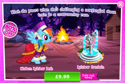 Size: 1961x1300 | Tagged: safe, derpibooru import, rainbow dash, pegasus, pony, advertisement, bush, clothes, costs real money, dress, english, female, fountain, gameloft, hat, mare, mobile game, my little pony: magic princess, numbers, official, sale, solo, solo focus, spread wings, text, wings