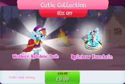 Size: 1267x856 | Tagged: safe, derpibooru import, rainbow dash, pegasus, pony, bundle, bush, clothes, costs real money, dress, english, female, fountain, gameloft, hat, mare, mobile game, my little pony: magic princess, numbers, official, sale, solo, solo focus, spread wings, text, wings