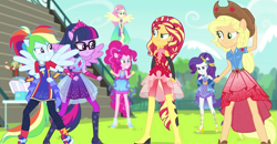 Size: 1147x596 | Tagged: safe, derpibooru import, screencap, applejack, fluttershy, pinkie pie, rainbow dash, rarity, sci-twi, sunset shimmer, twilight sparkle, cheer you on, equestria girls, equestria girls series, spoiler:eqg series (season 2), belt, boots, clothes, gloves, handless gloves, humane five, humane seven, humane six, jewelry, knee-high boots, leggings, ponied up, pony ears, shoes, skirt, sleeveless, super ponied up, tiara
