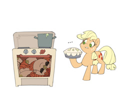 Size: 800x600 | Tagged: safe, artist:gor1ck, derpibooru import, applejack, autumn blaze, earth pony, kirin, pony, food, oven, pie, simple background, this will end in tears and/or breakfast, white background