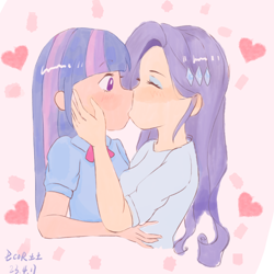 Size: 1080x1080 | Tagged: safe, artist:ecor土土, derpibooru import, rarity, twilight sparkle, human, equestria girls, blushing, clothes, duo, duo female, eyes closed, female, kissing, lesbian, light skin, pale skin, rarilight, shipping, simple background